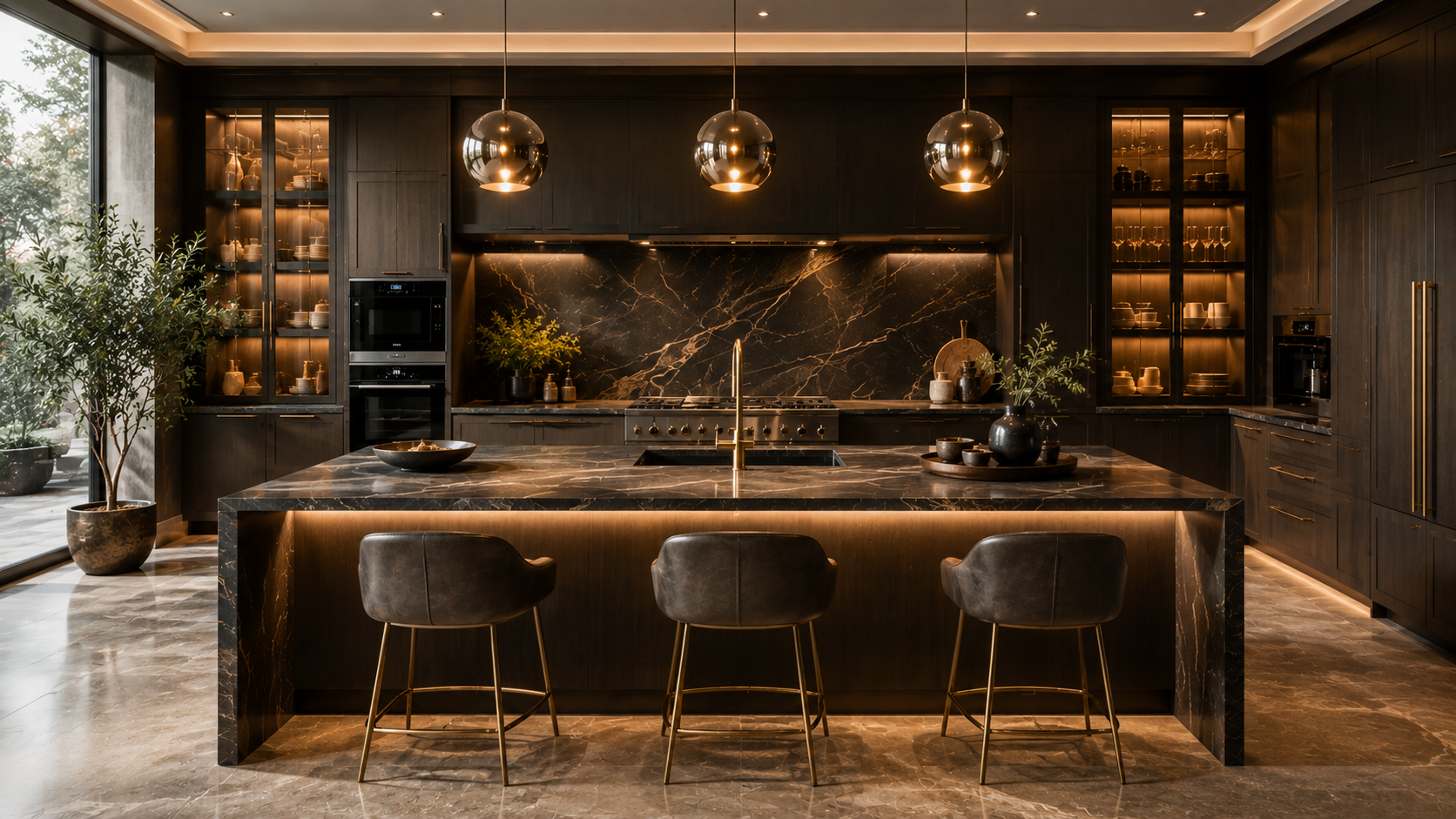 Transitional luxury kitchen with cream cabinetry and marble backsplash