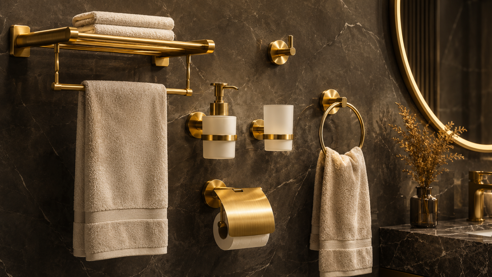 Brushed gold bathroom accessories with stone tile backdrop