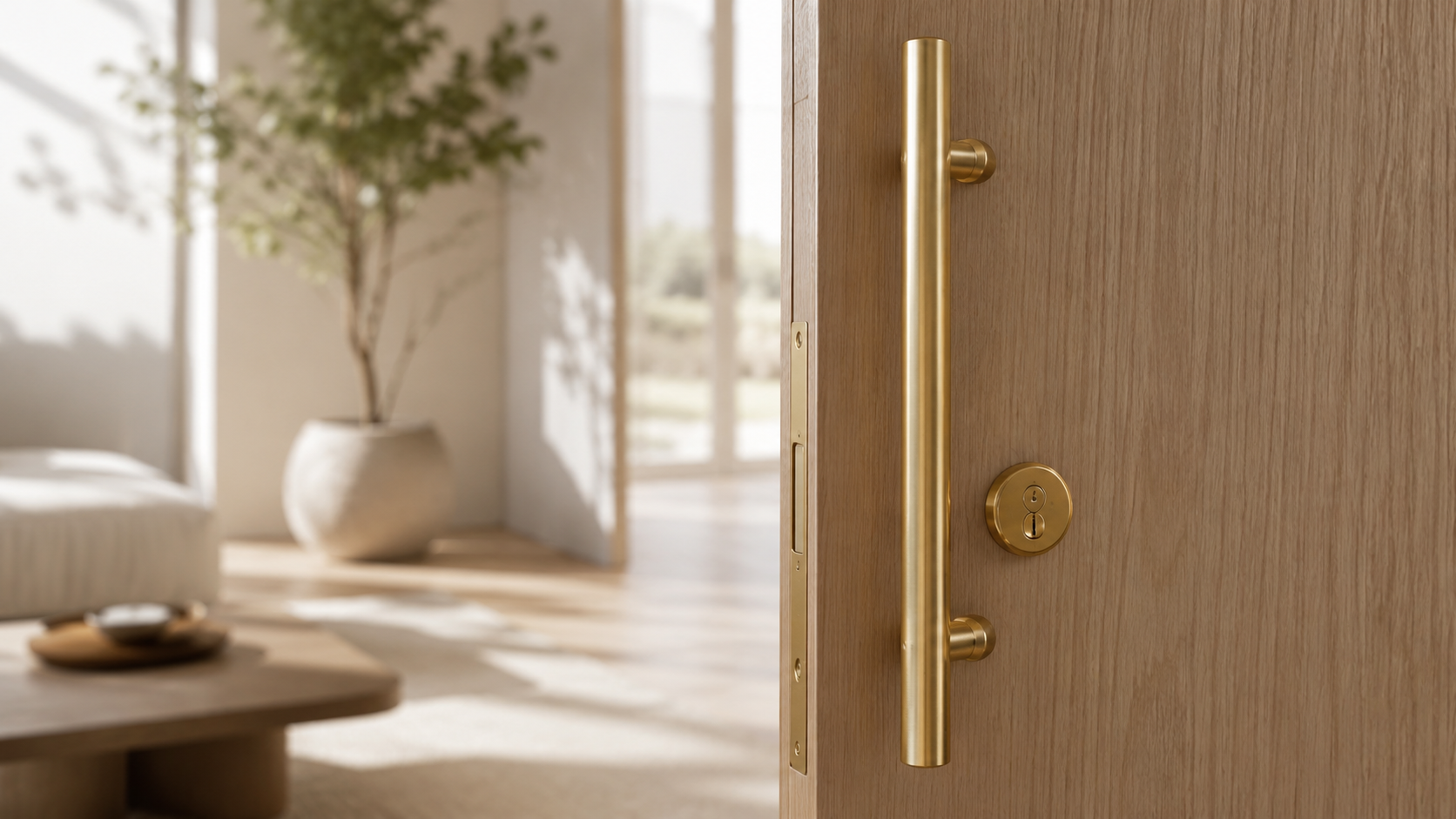 Architectural brushed brass lever handles on premium doors