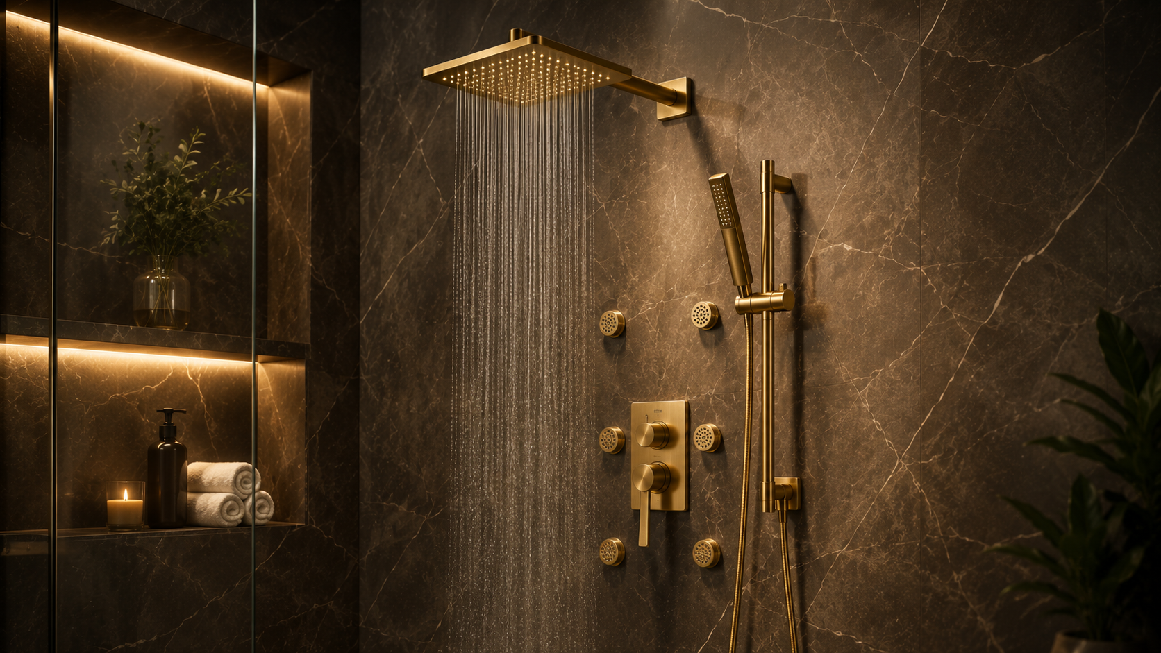 Spa shower system with rainfall head and brushed gold controls