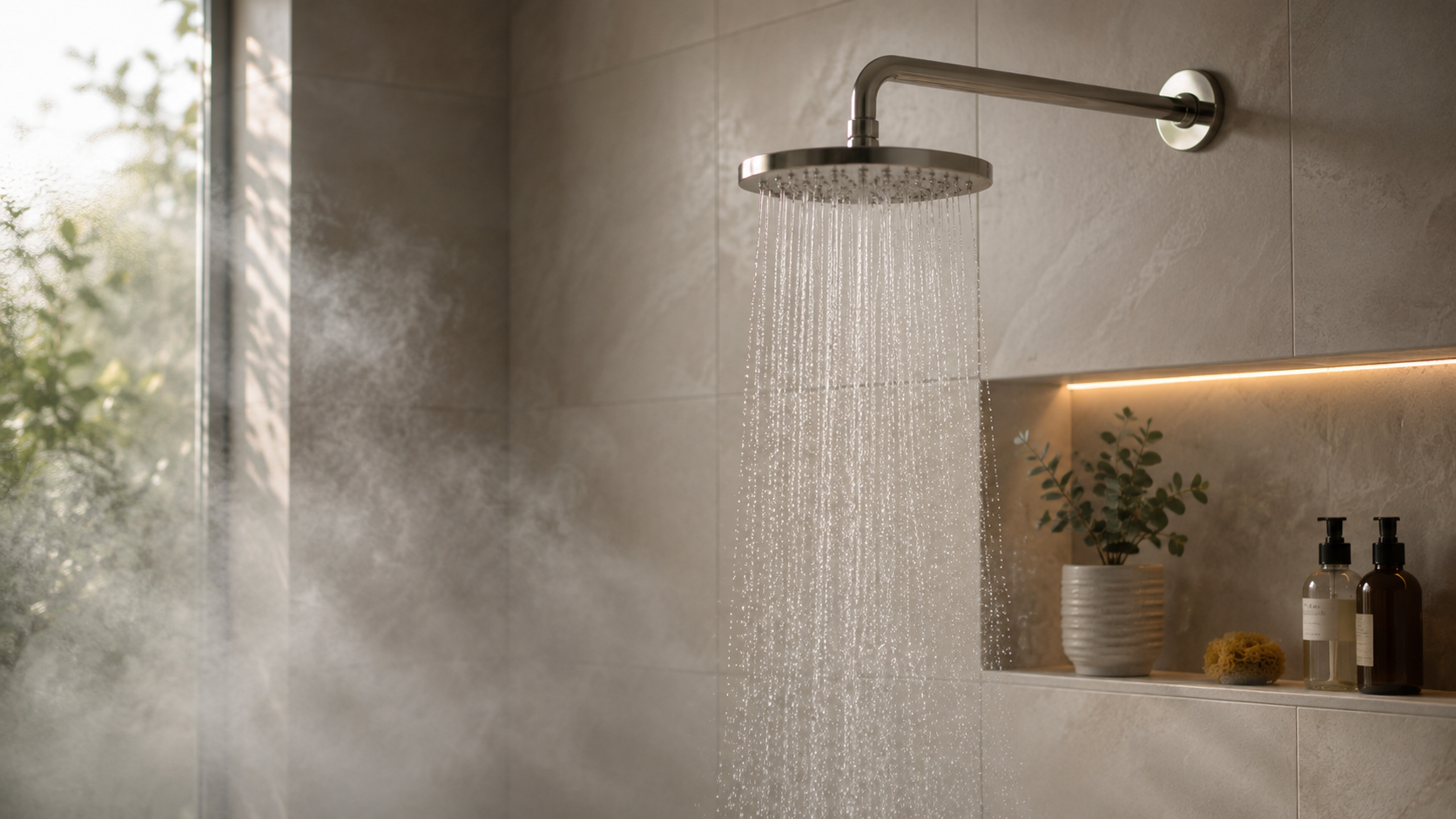 Minimal chrome shower fixtures on a stone slab shower wall