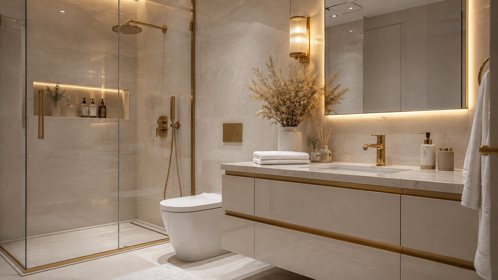Bathroom before luxury renovation with dated finishes