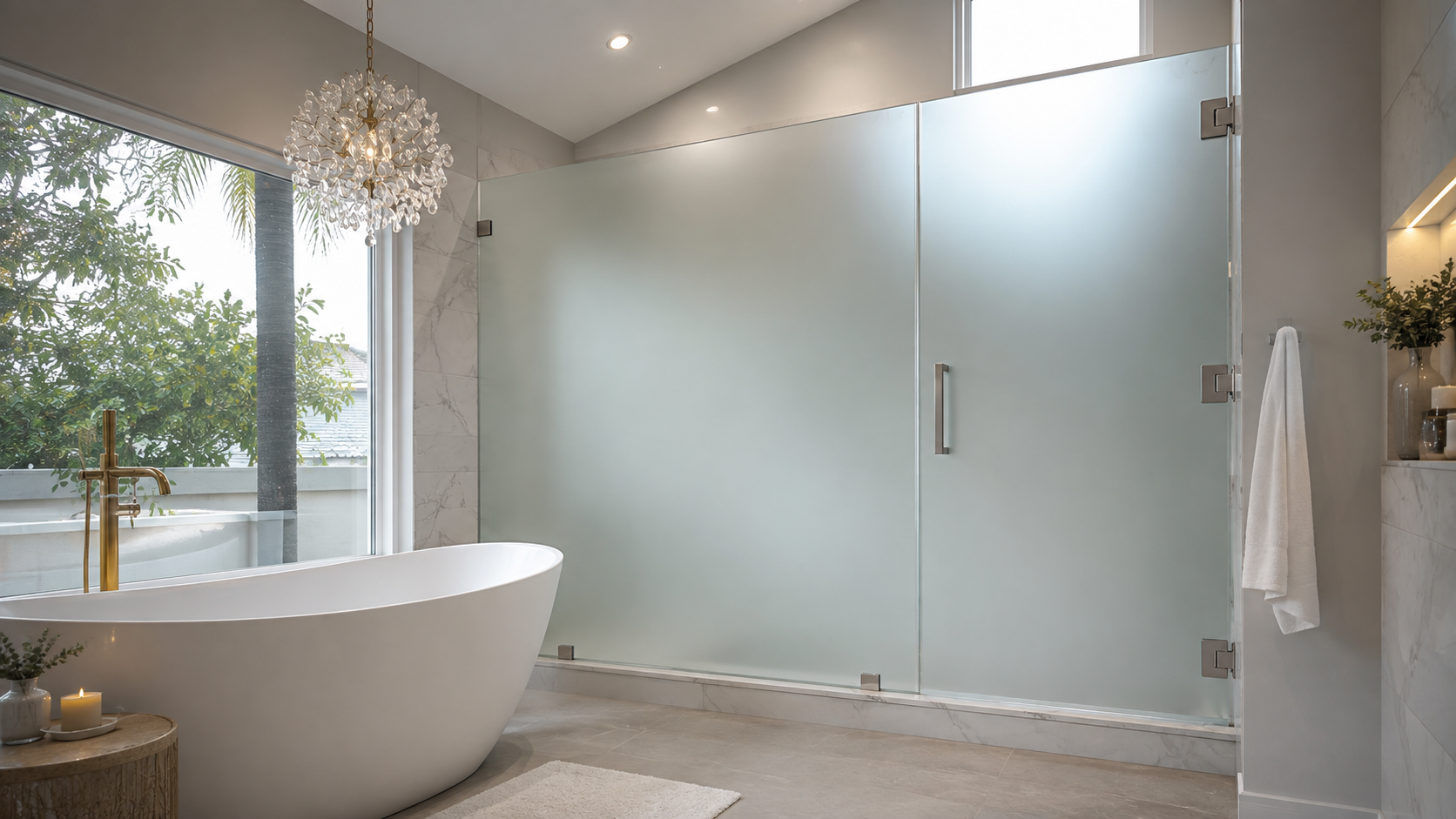 Frosted glass shower enclosure with brushed nickel hardware