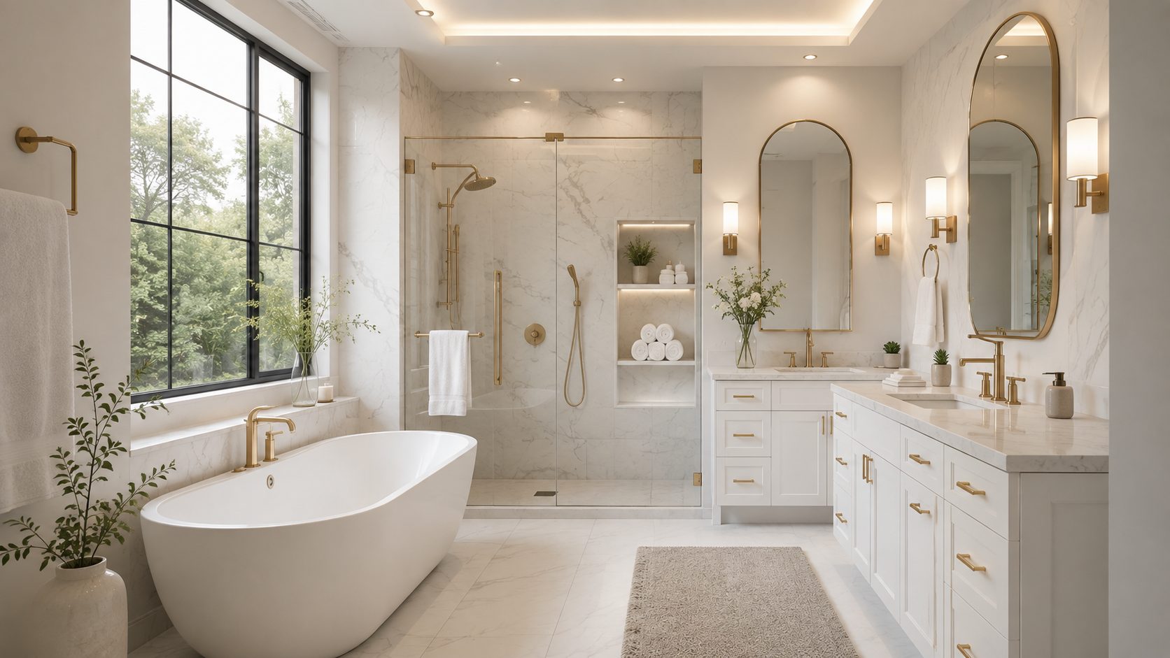 Large format stone-look porcelain tile in a luxury bathroom