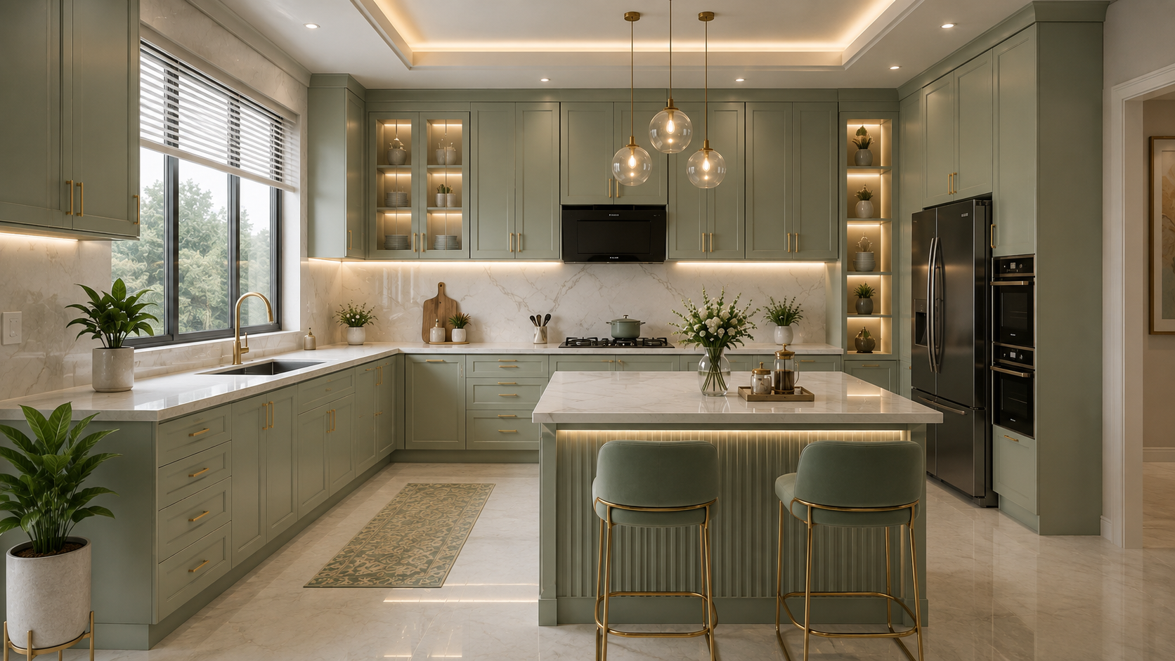 Luxury kitchen backsplash with handmade subway tile and brass shelf