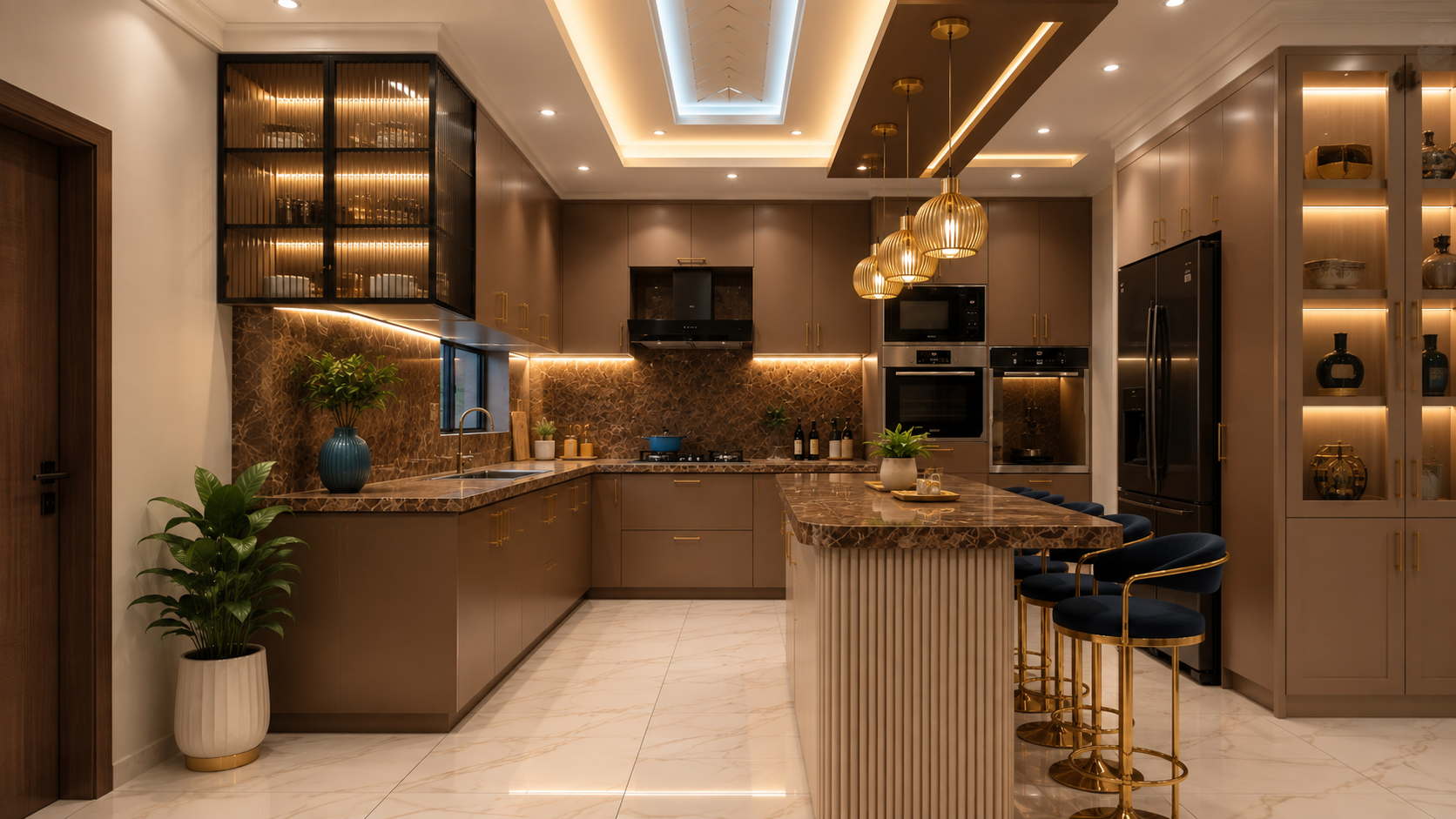 Luxury kitchen with quartz island and rift oak cabinetry