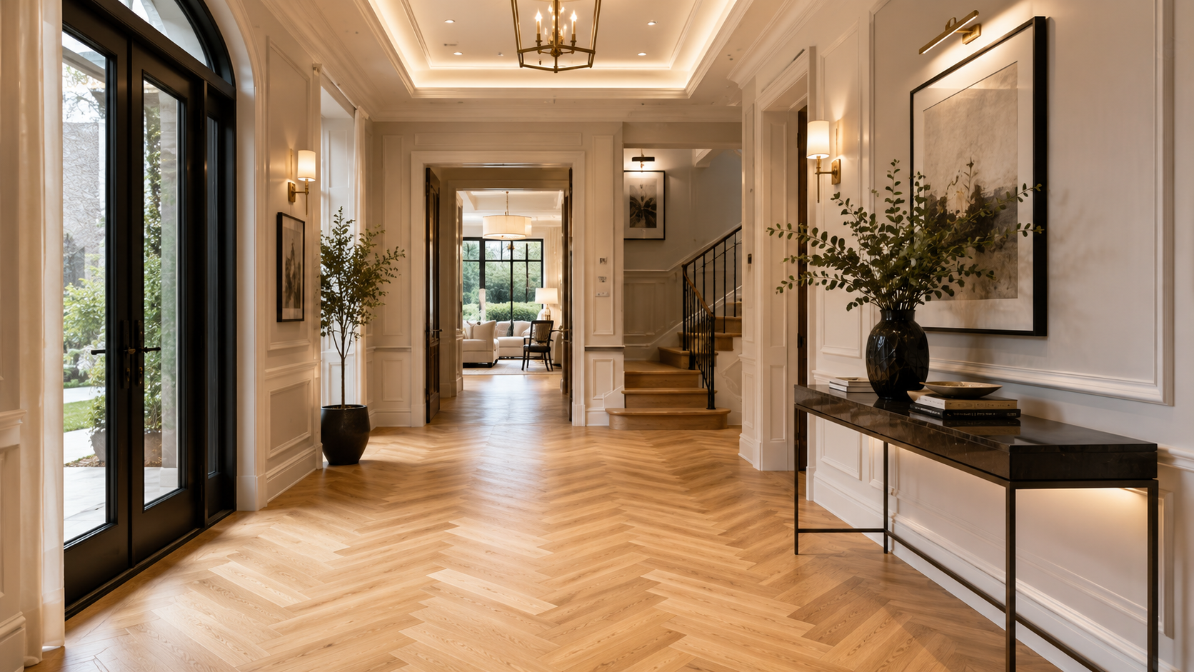 Herringbone oak flooring in a luxury hallway with millwork
