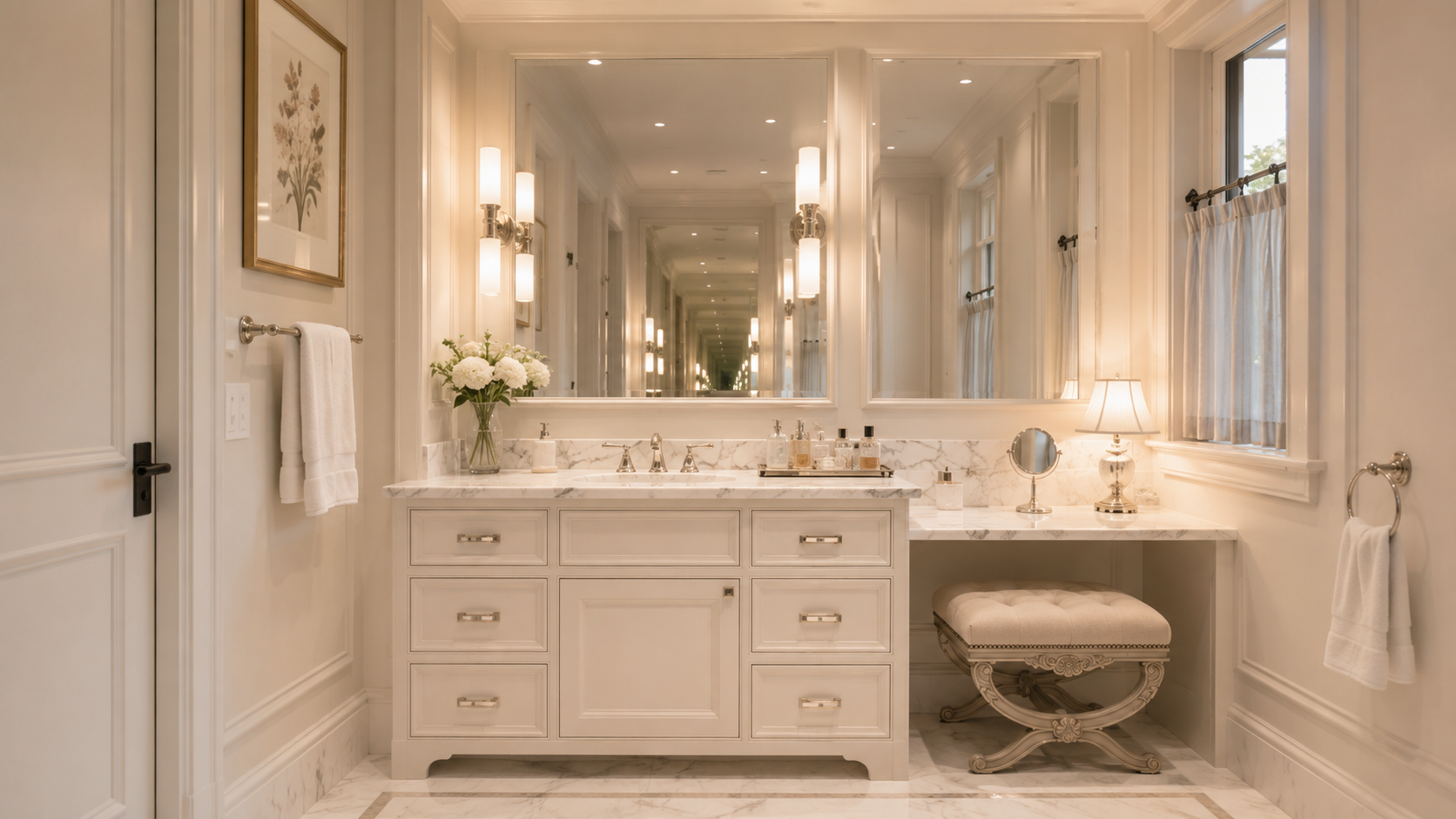 Luxury floating vanity with backlit mirror and brushed gold fixtures