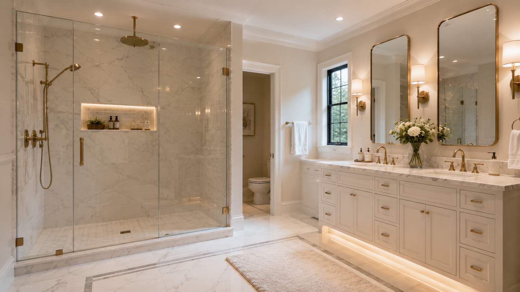 Frameless glass shower enclosure with brushed brass fixtures