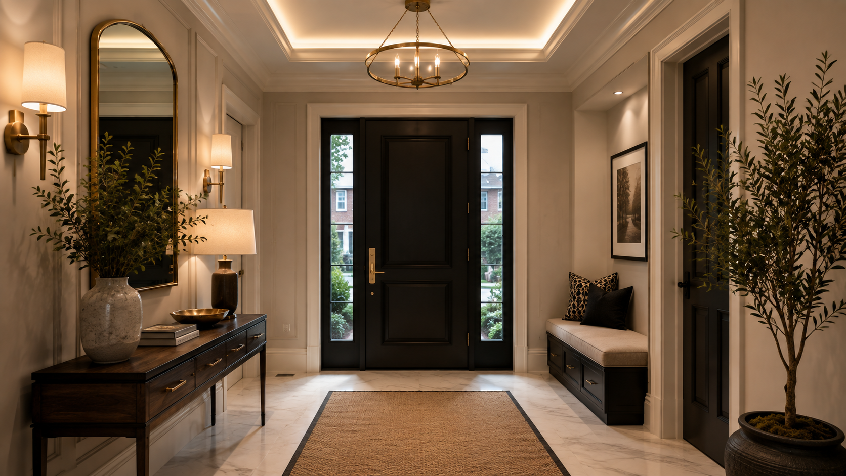 Luxury front door with warm wood finish and black hardware