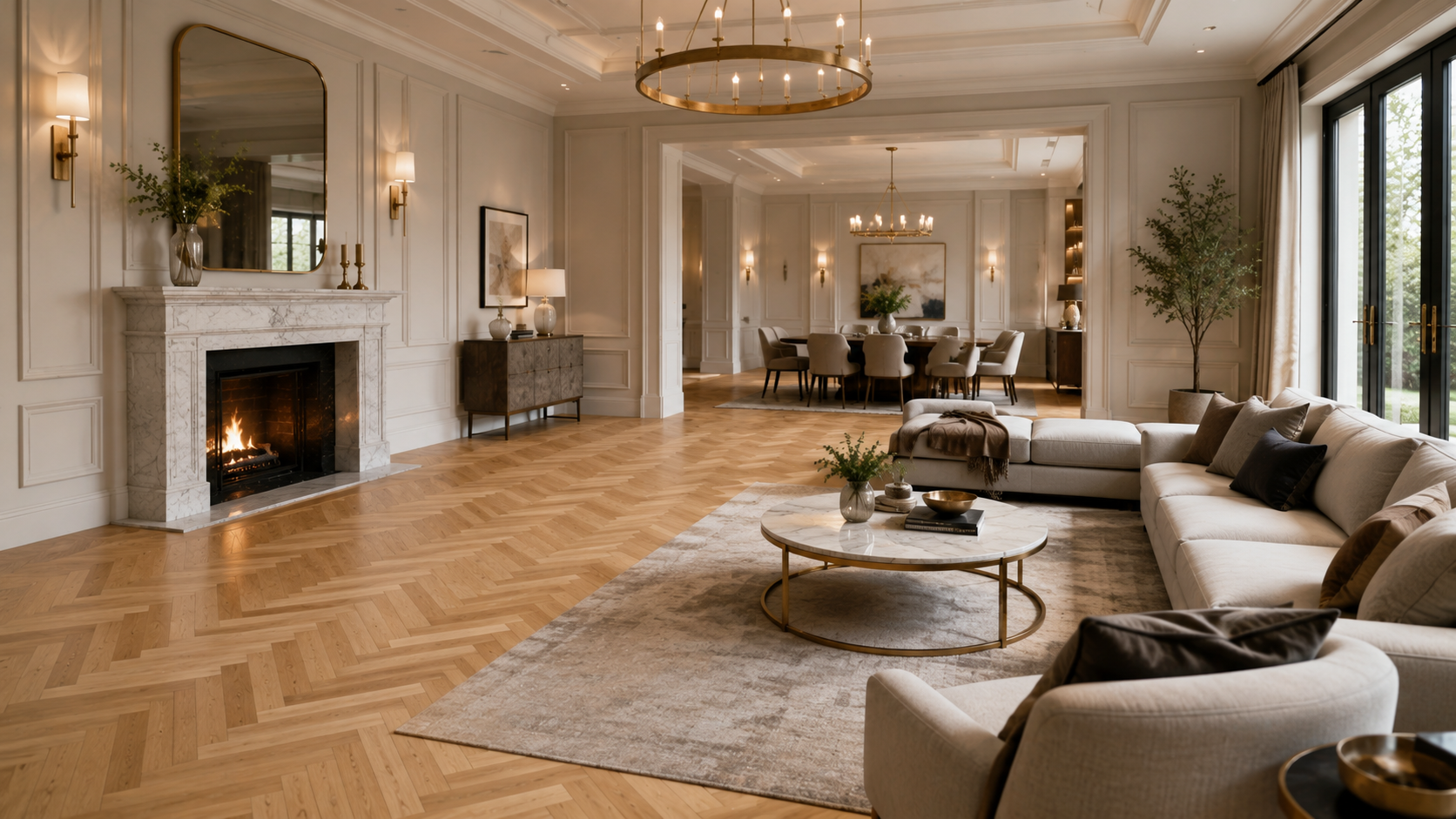 Wide plank oak flooring in a warm neutral living space