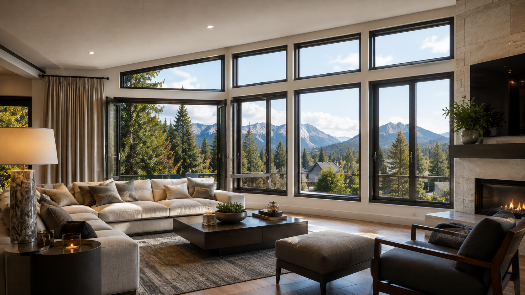 Luxury living room with black framed windows and millwork