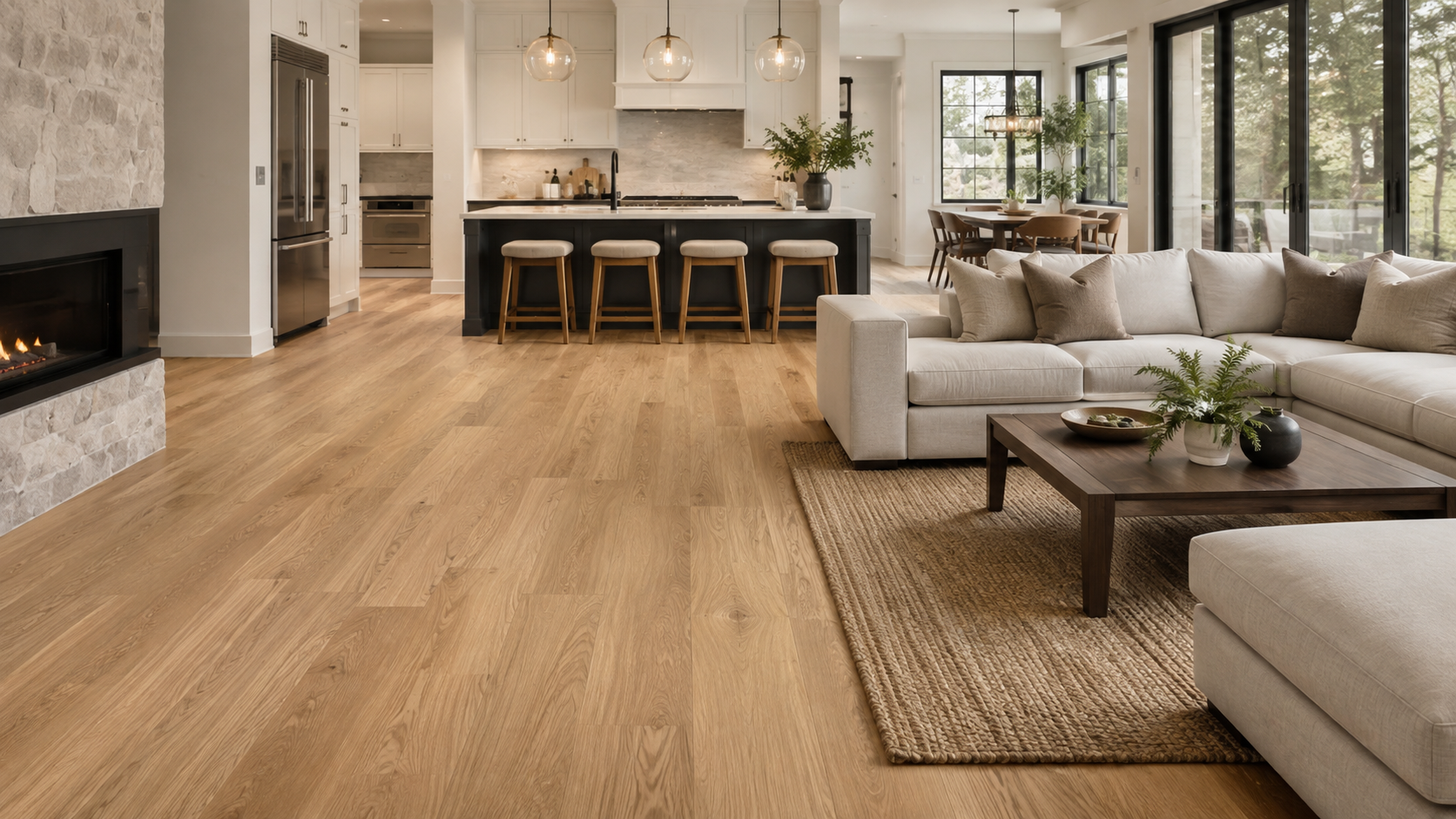 Wide plank oak flooring in a warm neutral living space