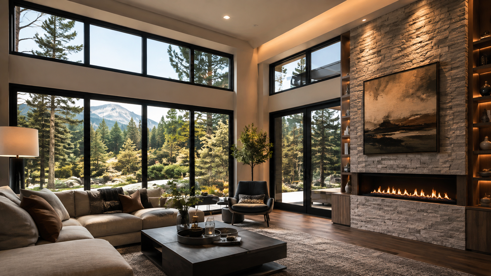 Luxury living room with black framed windows and millwork