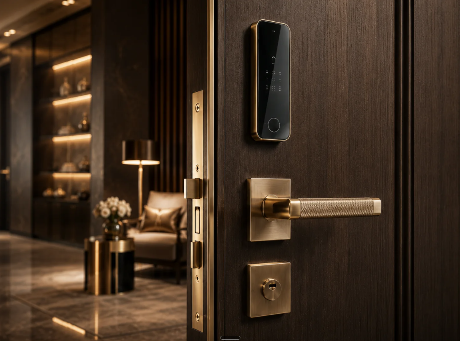 Matte black door hardware on a luxury wood entry door