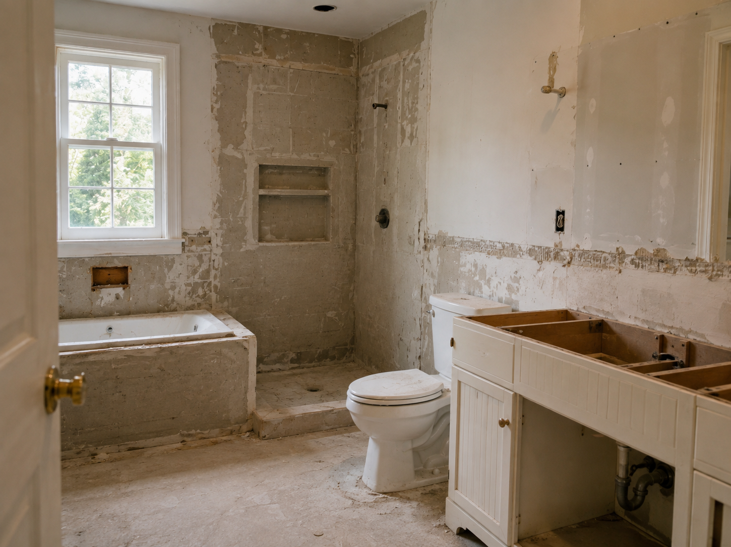 Bathroom after luxury renovation with glass shower and stone tile