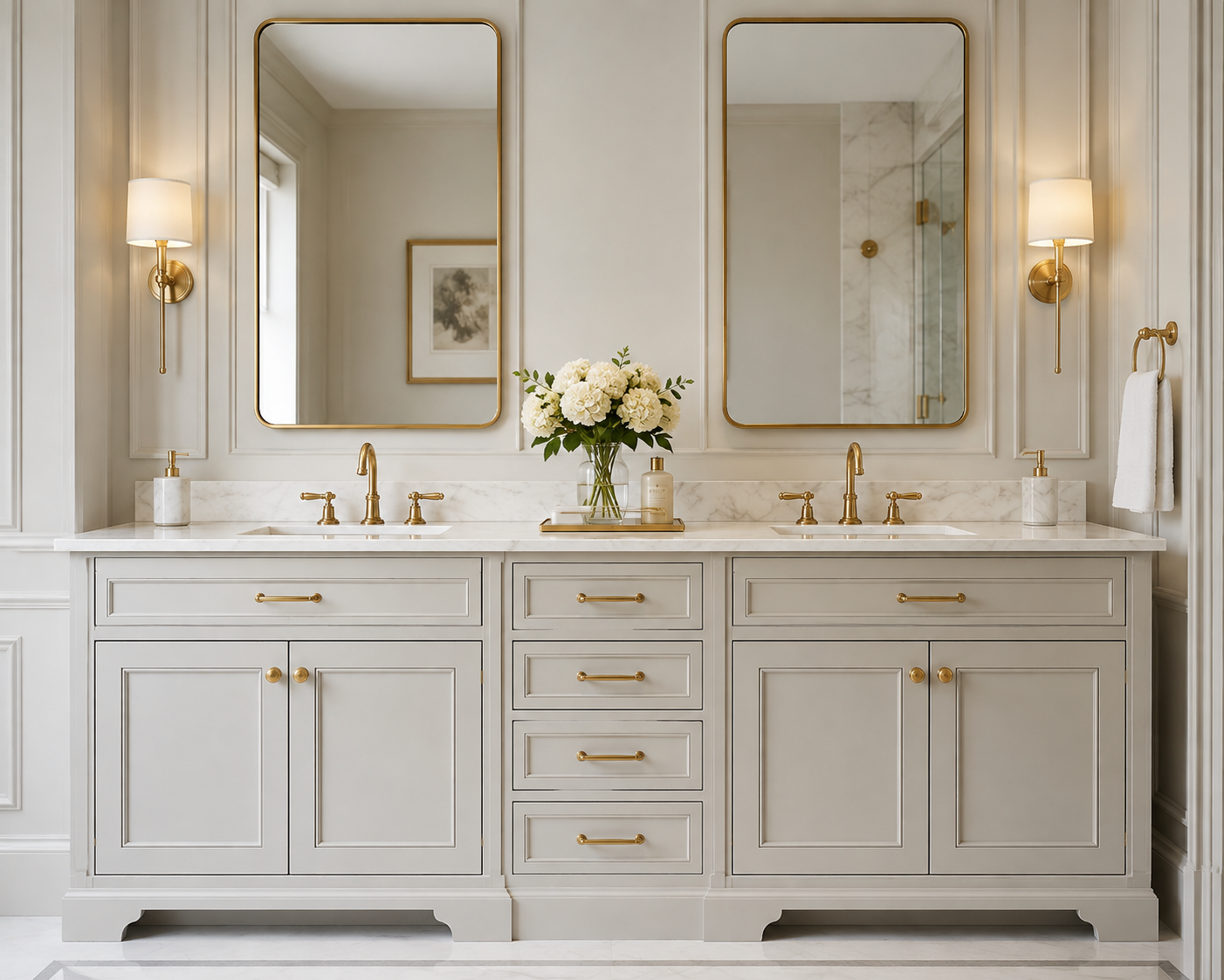 Double sink luxury vanity with marble top and fluted wood detailing
