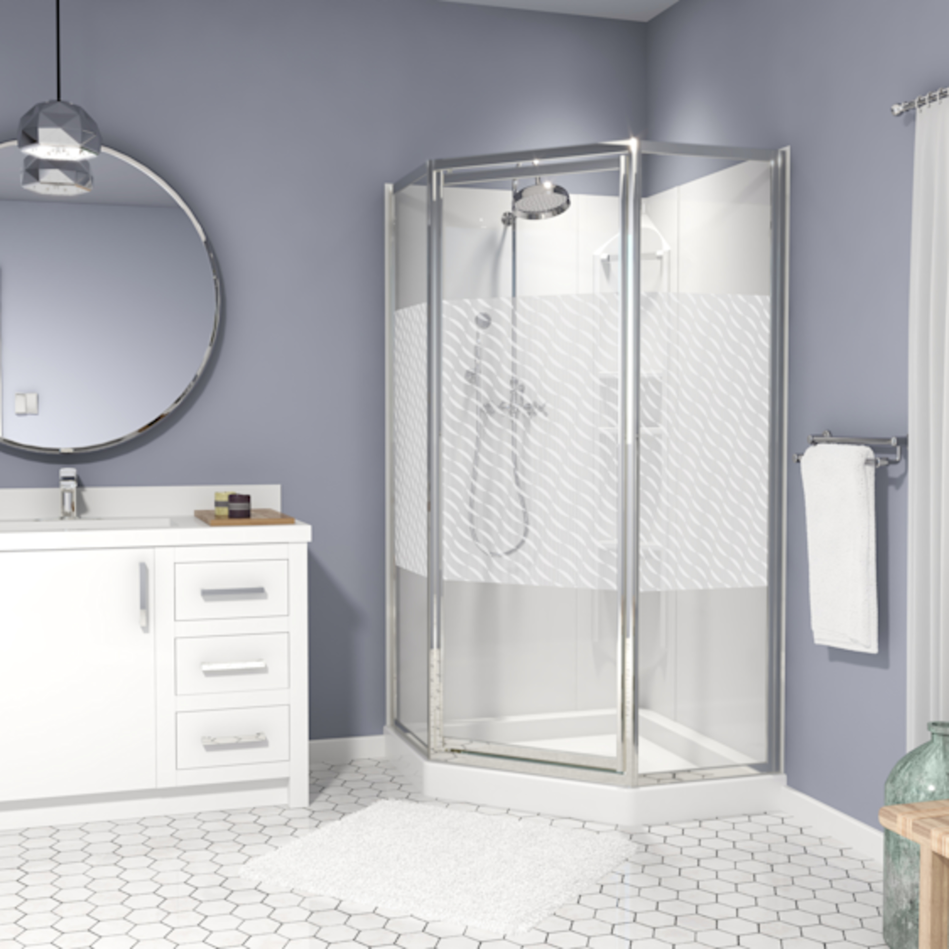 Minimal chrome shower fixtures on a stone slab shower wall