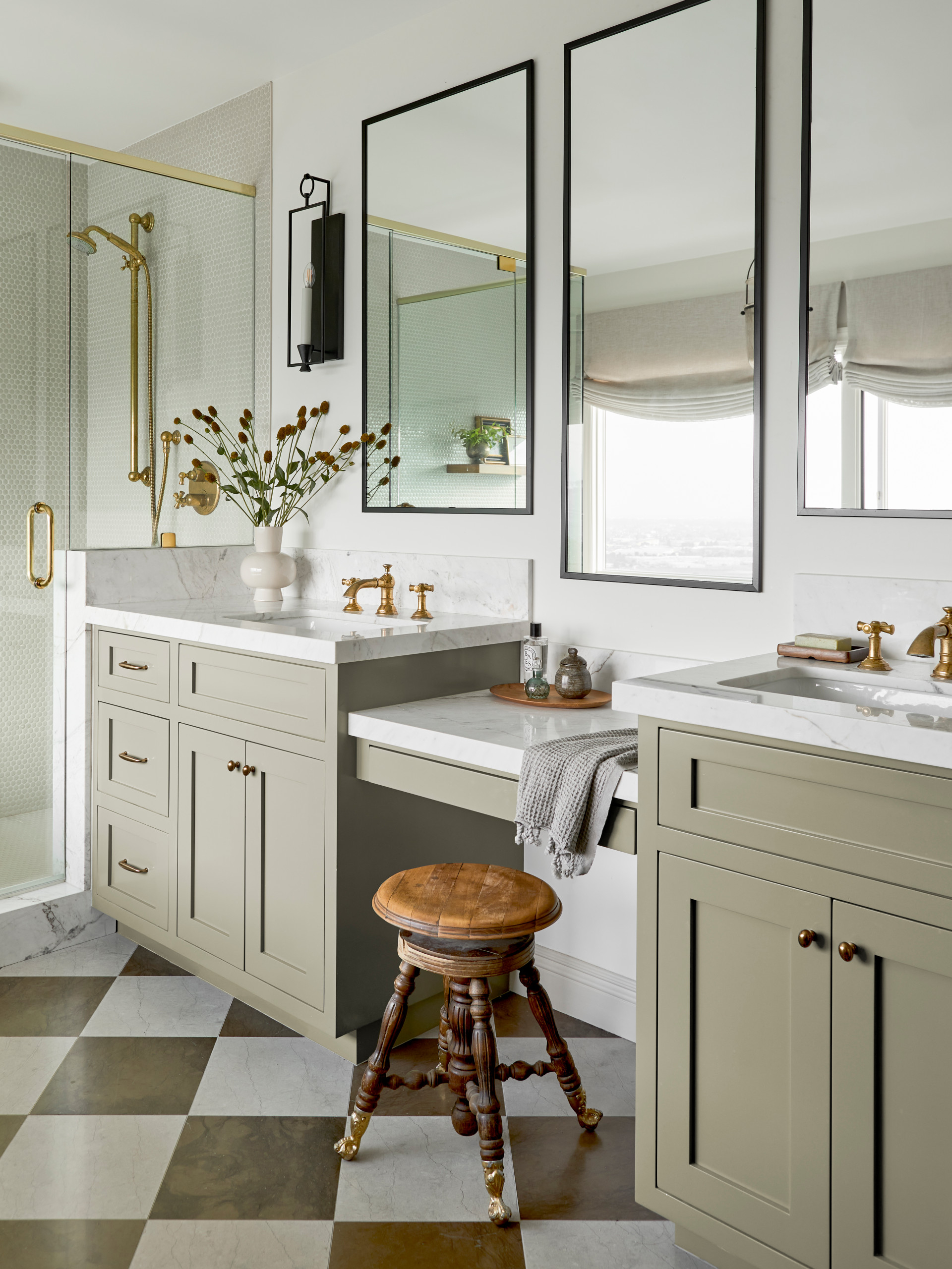 Double sink luxury vanity with marble top and fluted wood detailing