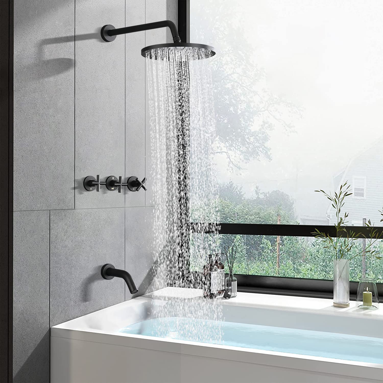 Spa shower system with rainfall head and brushed gold controls